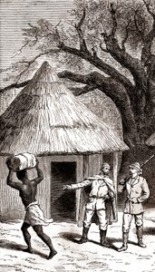Upptäcktsresande och bärare framför en afrikansk hydda,1887 (