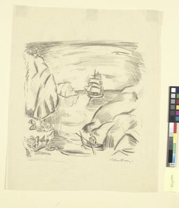 En havsvik med ett segelfartyg och badande kvinnor av Emile Othon Friesz