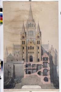Gotisk arkitektur: kyrkans fasad och klippning av klosterhus. Ritning av Avranches kommunala museum (Manche)