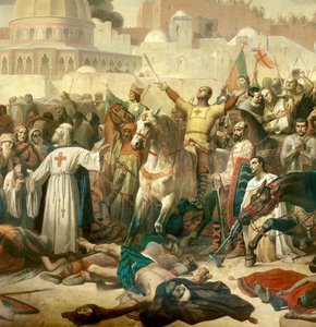 Detalj av: Första korståget: "" Erövringen av Jerusalem av korsningarna den 15/07/1099"" Godefroy de Bouillon ger nåd till Gud i närvaro av Peter Eremiten (eller Eremiten)
