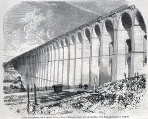 Chaumont Viaduct på järnvägen från Paris till Mulhouse. Gravyr efter skiss av Ralph i ""The Illustrous World"", 1857-05-09. Privat samling.