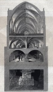 Tvärsnitt av Napoleongymnasiet i Paris (idag Lycée Henri IV). Från topp till botten: matsalen, köket, källarna, katakomberna. Gravyr av Therond. I "" Le Magasin Picturesque"" av Emile Theodore Therond