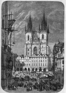 Gotisk arkitektur: yttre vy av kyrkan Vår Fru av Tyn (Teynkirche) i Prag. Dess konstruktion varade från hälften av 1300-talet till 1500-talet. Gravyr av Therond i "" Le Magasin Picturesque""