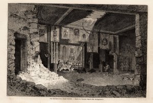 Invändig vy av ett tibetanskt tempel, ritning av Therond, för att illustrera sammanfattningen av det geografiska året 1862, av Vivien de Saint Martin. Gravyr i "" Le tour du monde"", redigerad av Edouard Charton av Emile Theodore Therond
