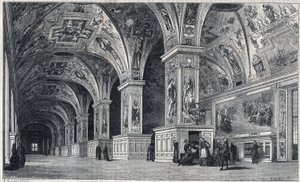 Invändig bild av Vatikanens bibliotek på 1700-talet. Gravyr av Therond efter teckning av Francois Pannini.