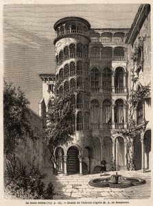 La Scala Antica, teckning av Therond, för att illustrera Adalbert de Beaumonts resa till Venedig, omkring 1850. Gravyr i "" Le tour du monde", redigerad av Edouard Charton av Emile Theodore Therond