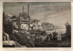 Madhorays ghat (trappsteg som täcker en flods stränder som låter dig gå ner i kontakt med vatten) och Aurangzeb-moskén i Benares, graverad efter teckningen av E. Therond, som illustrerar Rajahernas resa till Indien, 1864-1868 , av Louis Ro av Emile Theodore Therond