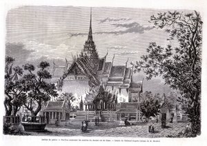 Slottsträdgård. Paviljong som innehåller askan från den siste kungen av Siam. Teckning av Thérond från M. Mouhots album. “Tour du monde” av Emile Theodore Therond