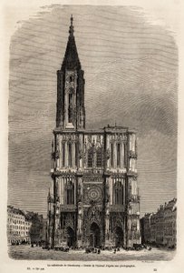 Fasaden på katedralen i Strasbourg, teckning av Therond, för att illustrera Victor Duruys resa från Paris till Bukarest 1860. Gravyr i ”” Le tour du monde”” 1861. Selvas samling.