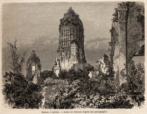 Ruinerna tagna i djungelns vegetation, i Ajuthia (Thailand), teckning av Therond, för att illustrera resan genom kungadömena Siam, Kambodja och Laos, från 1858 till 1861, av Henri Mouhot. Gravyr i "" Le tour du monde", redigerad av Edouard