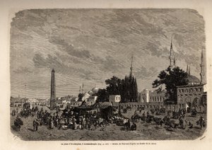 Ett Meydan torget, Konstantinopel (nuvarande Istamboul, Turkiet), teckning av Therond, för att illustrera studien om turkiska kvinnor, från 1862, av F.Jerusalemy. Gravyr i "" Le tour du monde"", redigerad av Edouard Charton