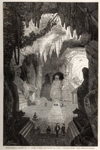 Underjordiskt buddhistiskt tempel i marmorklippor nära Tourane, teckning av Therond, för att illustrera anteckningarna från en unik korrespondens med Cochinchine. Gravyr i "" Le tour du monde, nouveau journal des voyages"" Paris