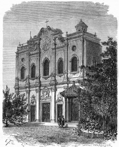 Utsikt över fasaden av katedralen i Nantang, byggd på platsen för Matteo Riccis hus (1552-1610), katolicismens fader i Kina. Gravyr efter teckning av Therond, i "" Le Tour du Monde, Nouveau journal des Voyages", redigerad av Edouard Chart av Emile Theodore Therond