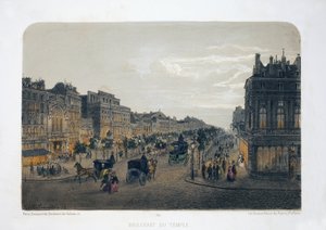 Boulevard du Temple, Paris. Litografi akvarell, illustration av E.de la Tramblaiz, i "Album, souvenirs de Paris", Daziaro-redaktör, Paris av Emile de la Tramblais