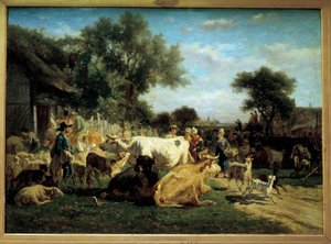 Village Fair Betailmässan. Målning av Emile Van Marck (1827-1890) 1800-talets Clermont Ferrand (Clermont-Ferrand). Fyndmuseum