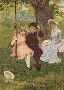 Pojke och flicka sitter på en gunga (chromolitho)