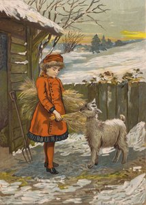 Flicka som matar en get (kromolitho)