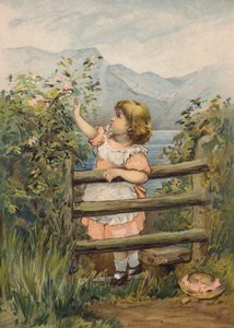 Flicka sträcker sig upp för att plocka en blomma (chromolitho)