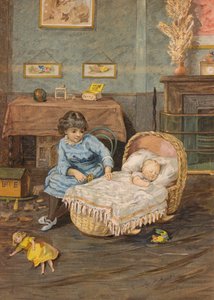 Flicka vakar över en baby i en spjälsäng (chromolitho)