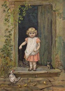 Liten flicka matar hönsen från tröskeln till sitt hem (chromolitho)