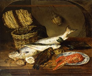En lax, en makrill, en hummer på en tallrik, en flätad korg, ostron, en chiantiflaska och ett fiskarnät på ett träbord, 1854