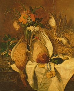 Stilleben med gräsand, snipor och guldmedaljer, c.1850