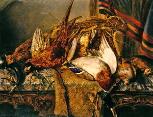 Stilleben med fasaner på ett marmorbord, ca 1850 (olja på duk)