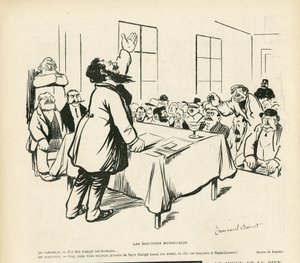 Illustration av Emmanuel Barcet (1870-1940) i Le Rire, 09/05/08 - Kommunalval - Val, Politiskt möte, möte, valmöte, kommunala val