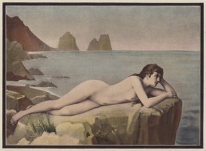 Delerium, kvinna liggande på en klippa (färg litho) av Emmanuel Benner