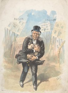 Man håller i pengapåsar medan banker kollapsar, sent 1800-tidigt 1900-tal. av Emmanuel Wyttenbach