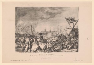 Reproduktion av en teckning av en vy av Nieuwe Brug av Pieter van den Berge