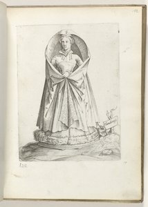 Flandern (titel på objekt) En kvinna från Vlaanderen, klädd enligt mode från ca. 1550 Attityderna hos olika nationer i vår tid (serietitel) av Enea Vico