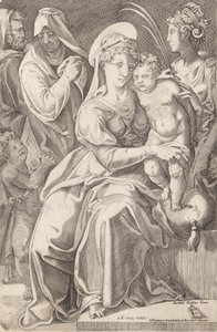 Den heliga familjen med St. Anne och St. Catherine, 1542, publicerad 1627-50. av Enea Vico