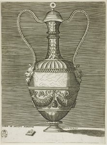 Vas med två groteska masker, tallrik sex från A Series of Vases Drawn After the Antique av Enea Vico