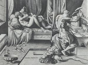 Venus och Mars omfamnar när Vulcan arbetar i sin smedja, 1543.