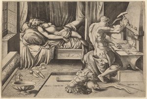 Venus liggande med Vulcan vid His Forge av Enea Vico after Parmigianino