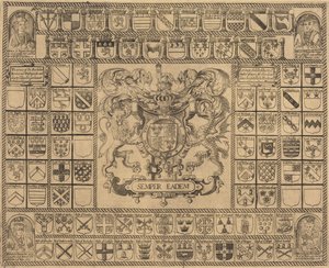Vapensköldar med hörnporträtt av Henrik VII, Henrik VIII, Edward VI och Maria av English 16th Century