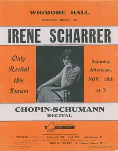 Annons för en Chopin-Schumann-recital med Irene Scharrer av English Photographer