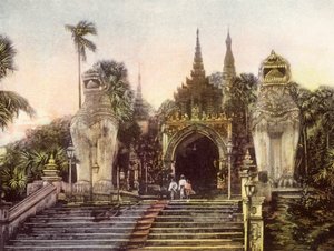 Burmah / Myanmar: Gamla ingången till Shwe Dagon-pagoden (färgfoto) av English Photographer