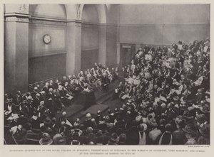 Hundraårsjubileum av Royal College of Surgeons, presentation av diplom till markisen av Salisbury, Lord Rosebery och andra, vid University of London, den 26 juli av English Photographer