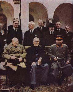 Konferens för de allierade ledarna Winston Churchill, Franklin D Roosevelt och Joseph Stalin på Jalta, Krim; Sovjetunionen, andra världskriget, 7 februari 1945 av English Photographer