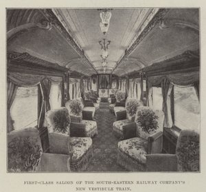 Förstklassig salong av South-Eastern Railway Companys nya vestibulståg av English Photographer
