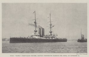 HMS Glory, förstklassig kryssare, lämnar Portsmouths hamn för Kina den 24 november av English Photographer