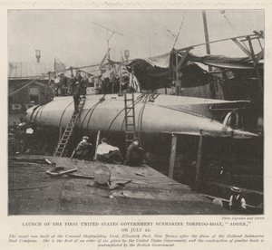 Lansering av Förenta staternas regerings-ubåt Torpedo-Boat, Adder, den 22 juli av English Photographer