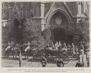 Äktenskap mellan drottningens äldsta barnbarnsbarn, prinsessan Feodora av Saxe-Meiningen, med prins Henrik XXX av Reuss, bruden och brudgummen som lämnar kyrkan efter ceremonin av English Photographer