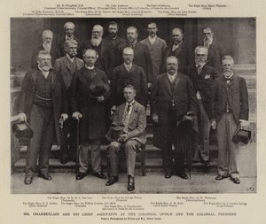 Mr Chamberlain och hans chefsassistenter vid kolonialkontoret och kolonialpremiärministern av English Photographer