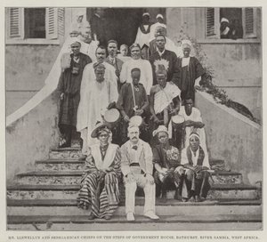 Herr Llewellyn och Senegambiska hövdingar på trappan till regeringshuset, Bathurst, floden Gambia, Västafrika av English Photographer
