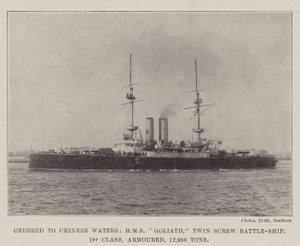 Beställd till Chinese Waters, HMS Goliath, Twin Screw Battle-Ship, 1:a klass, pansar, 12 950 ton av English Photographer