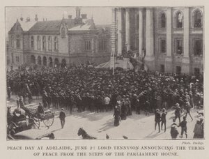 Fredsdagen i Adelaide, 2 juni, Lord Tennyson tillkännager villkoren för fred från parlamentshusets trappor av English Photographer