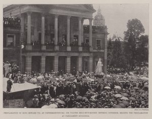 Kungörelse av kung Edward VII i Pietermaritzburg, Sir Walter Hely-Hutchinson, avgående guvernör, läser kungörelsen i parlamentsbyggnaderna av English Photographer
